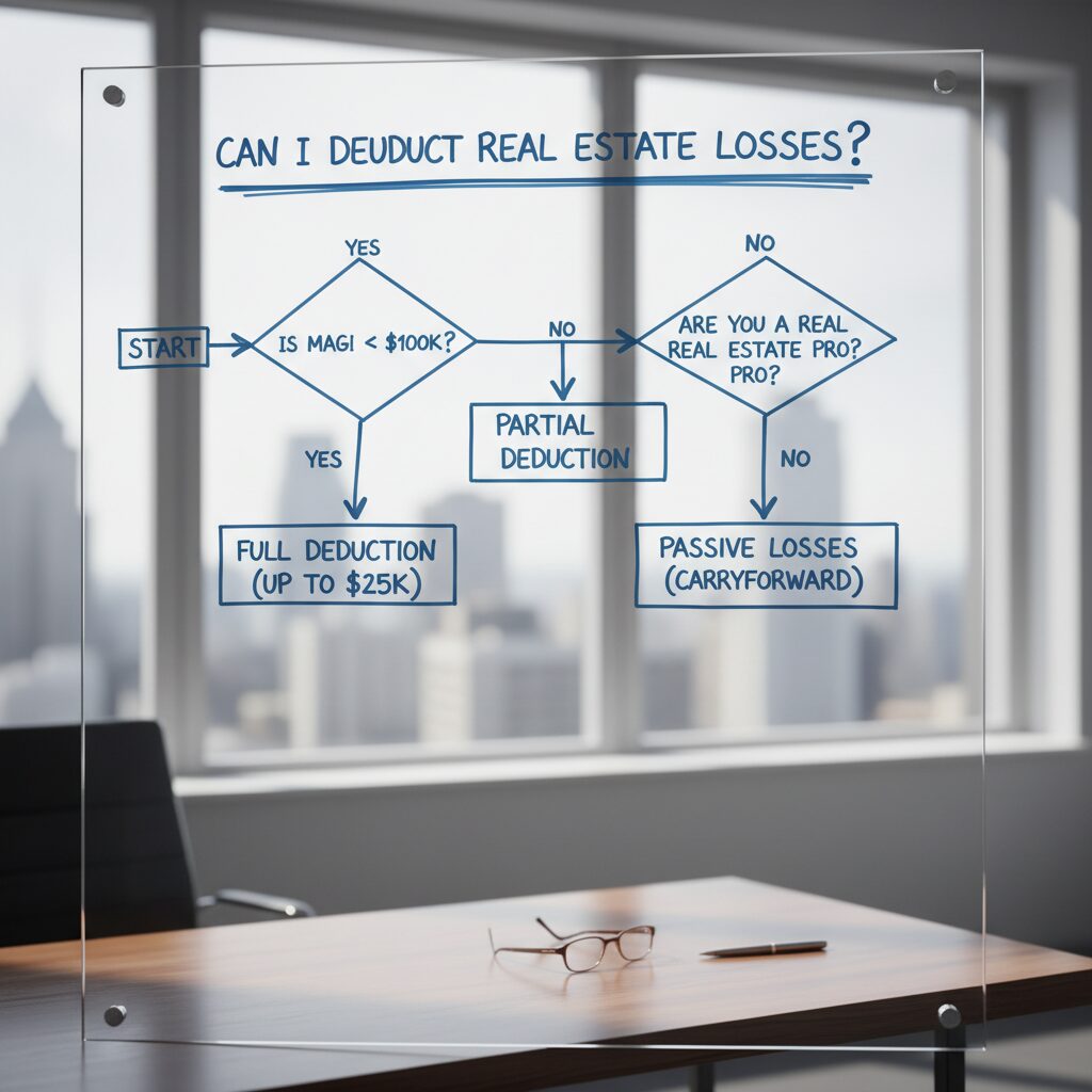 A flowchart diagram titled "Can I Deduct Real Estate Losses?" guiding the user through questions like "Is MAGI < $100k?" and "Are you a Real Estate Pro?"
