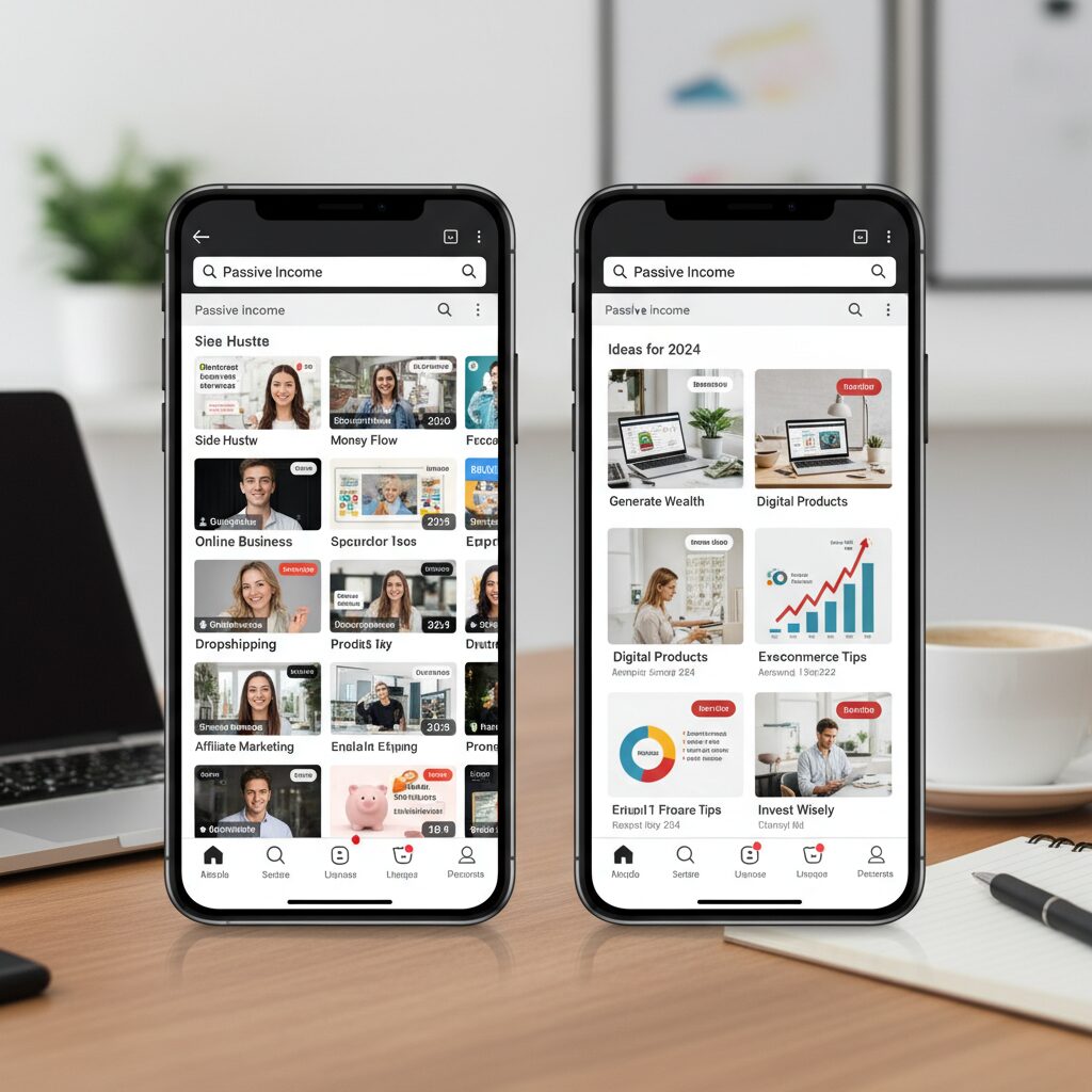 A screenshot comparison of a TikTok search result page and a Pinterest search result page showing keyword overlap