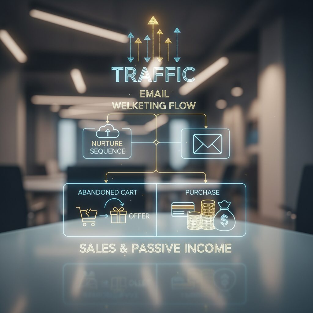 A diagram of an email marketing funnel. Top layer is traffic, middle is the 'Welcome Flow' branch, bottom layer is 'Purchase' or 'Abandoned Cart' branch leading to sales.