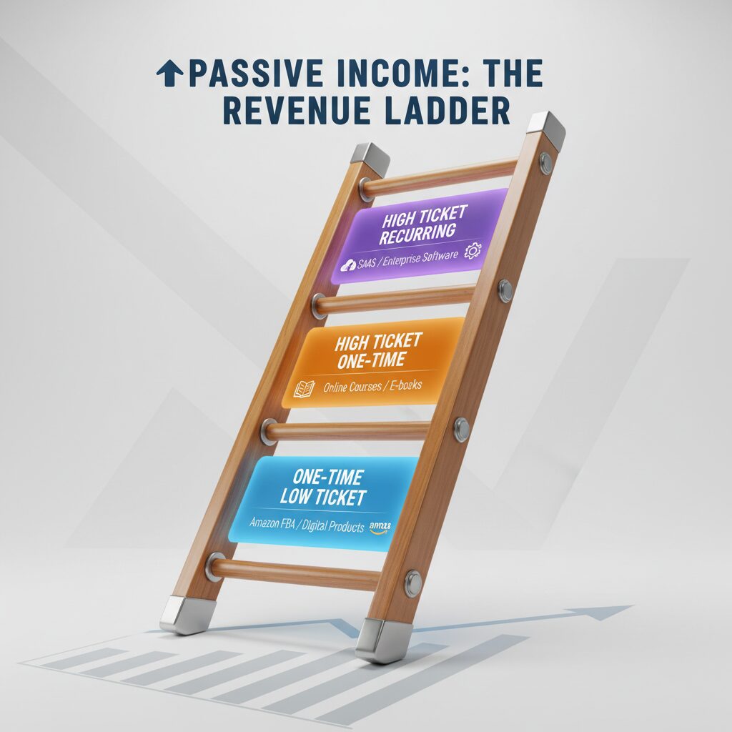 An infographic styled as a "Revenue Ladder," showing the bottom rung as "One-time low ticket" (Amazon), the middle as "High Ticket One-time" (Courses), and the top rung as "High Ticket Recurring" (SaaS/Enterprise Software).