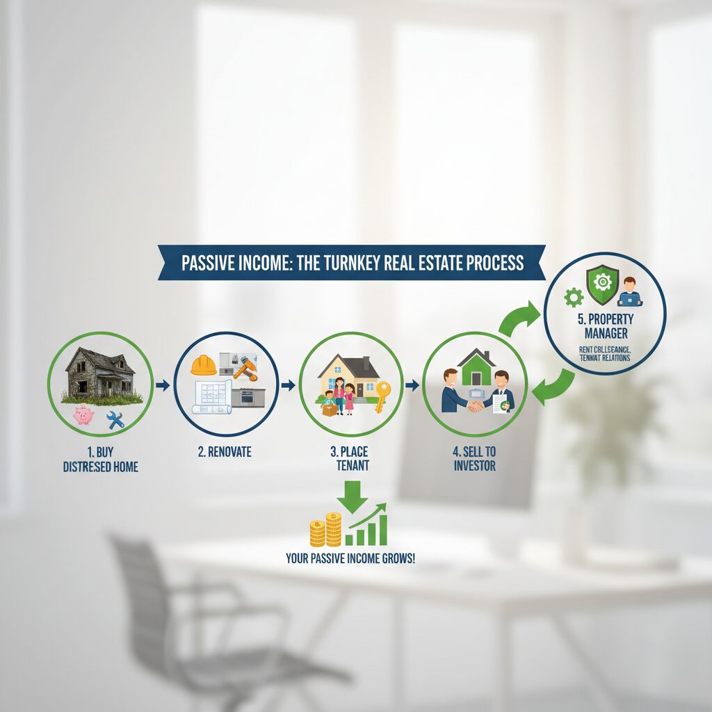 An infographic illustrating the turnkey process: 1. Company buys distressed home, 2. Renovates, 3. Places Tenant, 4. Sells to Investor, 5. Property Manager handles operations.