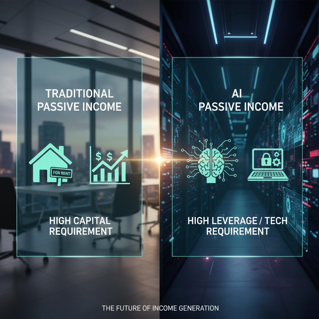 Chart comparing "Traditional Passive Income" (Real Estate/Stocks) requiring high capital vs. "AI Passive Income" requiring high leverage/tech