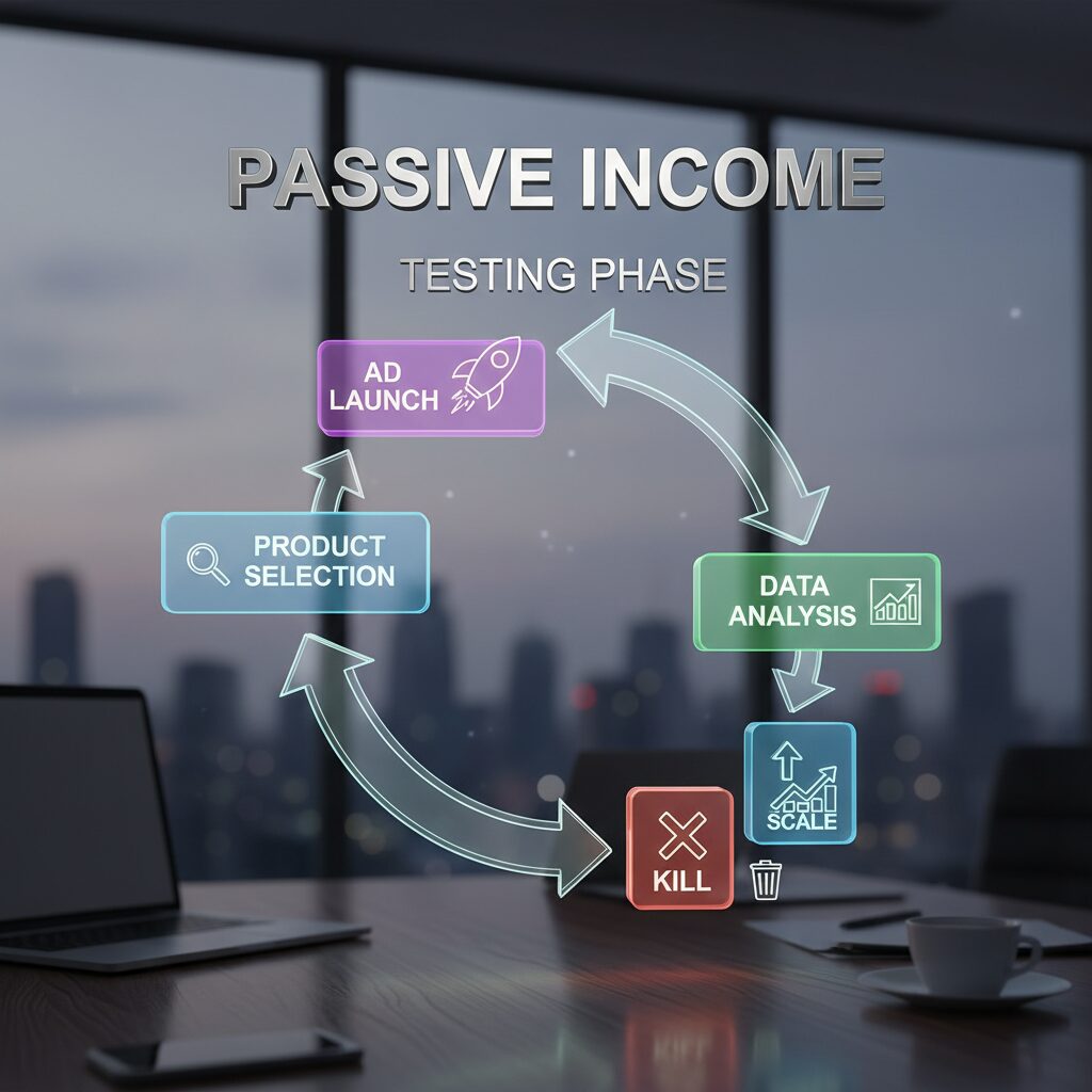A visual flowchart showing the 'Testing Phase' loop: Product Selection -> Ad Launch -> Data Analysis -> Kill or Scale.