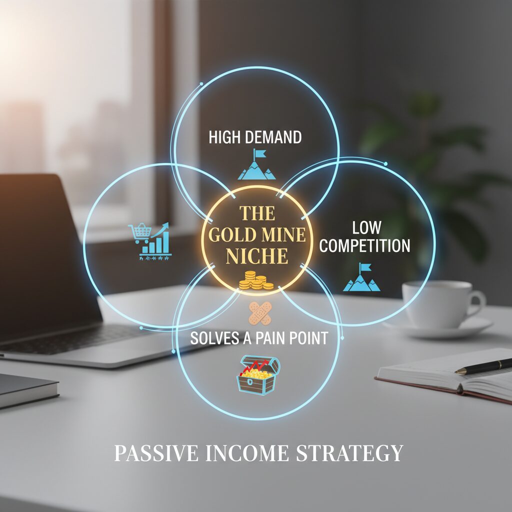 A 3-circle Venn diagram. Circle 1: High Demand. Circle 2: Low Competition. Circle 3: Solves a Pain Point. The intersection is labeled 'The Gold Mine Niche'.