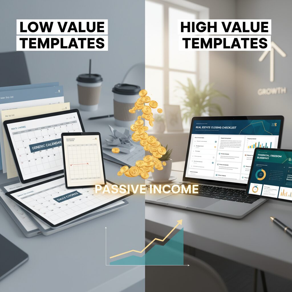 Chart comparing "Low Value" templates (e.g., Generic Calendar) vs. "High Value" templates (e.g., Real Estate Closing Checklist)