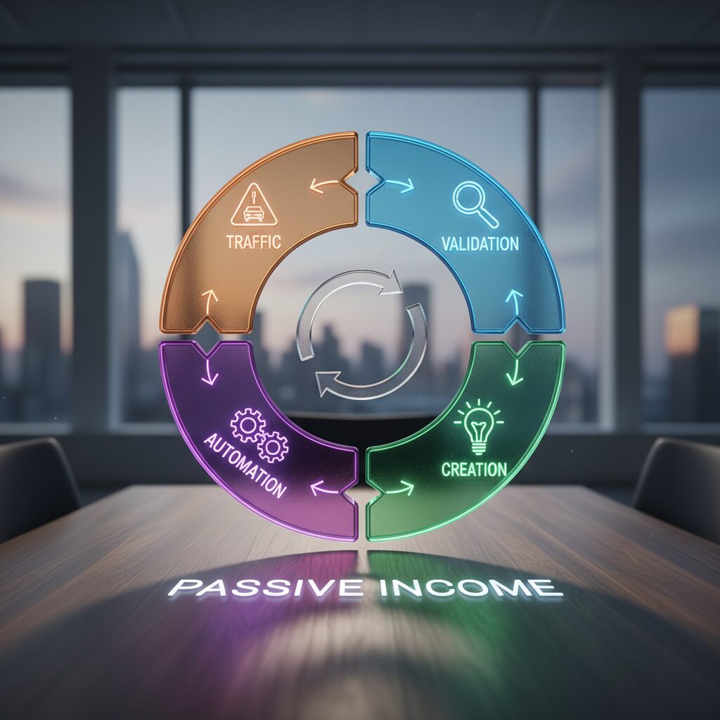 An infographic illustrating the 'Passive Income Flywheel': Validation -> Creation -> Automation -> Traffic