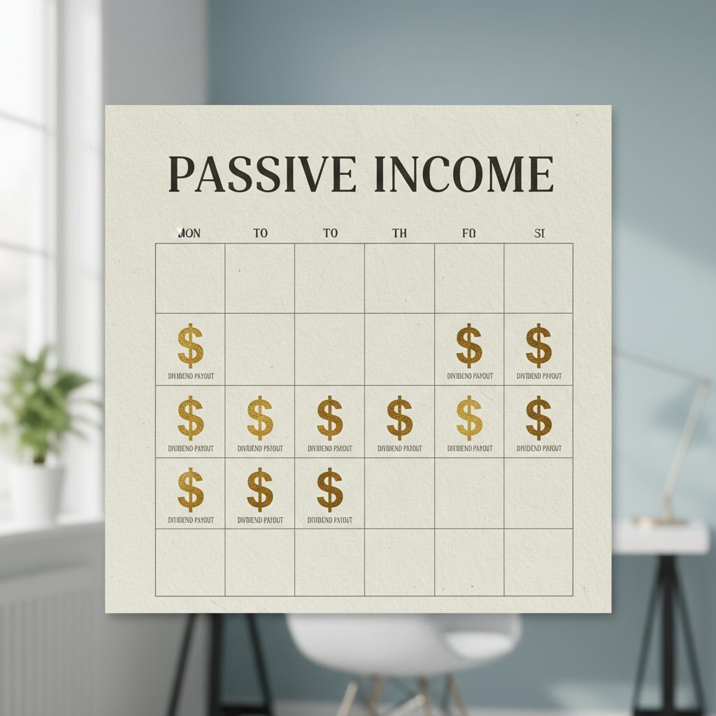 A calendar graphic showing dollar signs on every 1st or 15th of the month, representing the monthly dividend payout schedule.