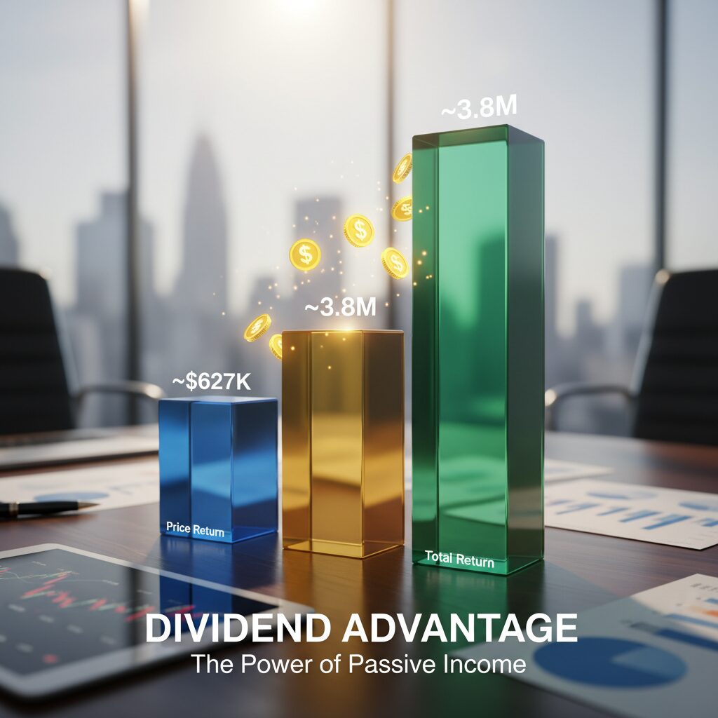 A bar chart comparing the growth of $10,000. The blue bar shows "Price Return" at ~$627k. The green bar towers over it showing "Total Return" at ~$3.8M, highlighting the "Dividend Advantage."