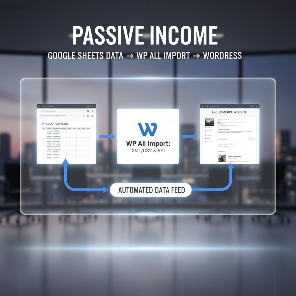 A flowchart showing data moving from a Google Sheet to WordPress via WP All Import