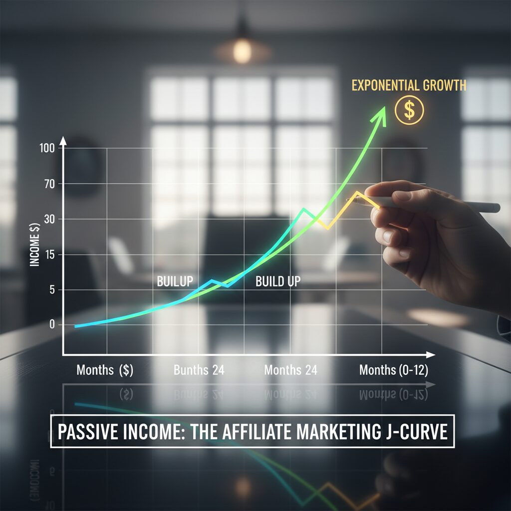 Graph illustrating the J-Curve of Affiliate Income. Flatline for months 0-12, gradual rise 12-24, exponential growth 24+
