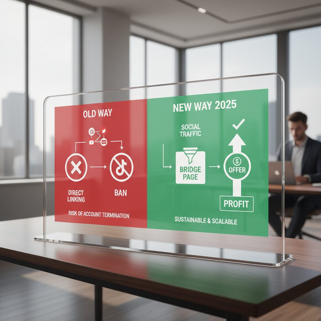A comparative infographic showing "Old Way" (Direct Linking = Ban) vs "New Way 2025" (Social Traffic -> Bridge Page -> Offer = Profit)
