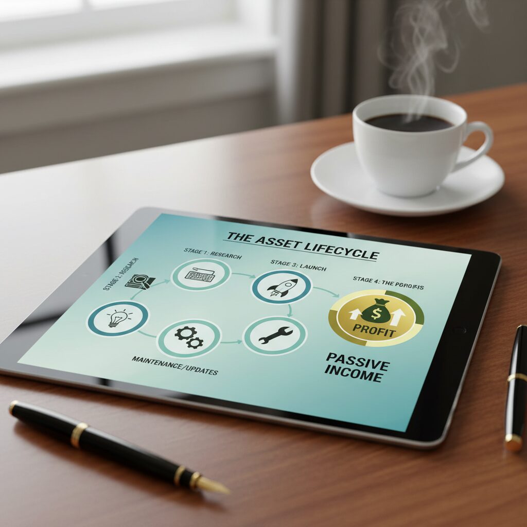 Infographic titled 'The Asset Lifecycle'. Stage 1: Research. Stage 2: Creation. Stage 3: Launch. Stage 4: Maintenance/Updates. Stage 5: Passive Profit.