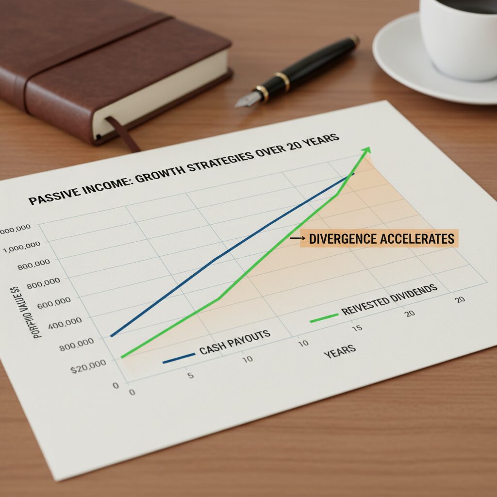 A line graph comparing two portfolios over 20 years: one taking cash payouts (linear growth) and one reinvesting dividends (exponential growth), highlighting the divergence in later years.