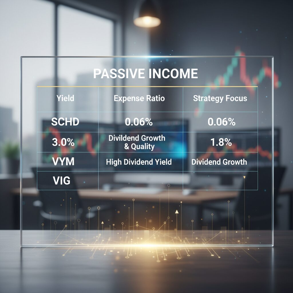 A comparison table showing SCHD, VYM, and VIG side-by-side with rows for Yield, Expense Ratio, and Strategy Focus