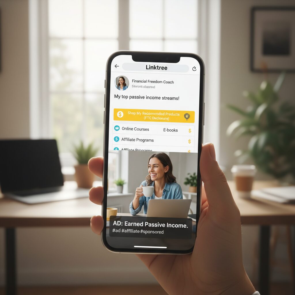 Screenshot example of a correct FTC disclosure on a TikTok video overlay and a Linktree bio
