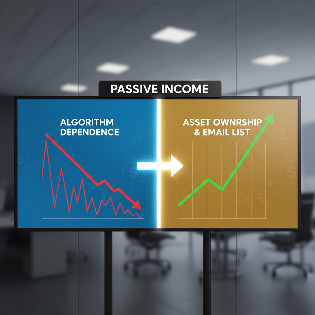 A split-screen graphic. Left side: A downward trend line labeled 'Algorithm Dependence'. Right side: An upward trend line labeled 'Asset Ownership & Email List'.