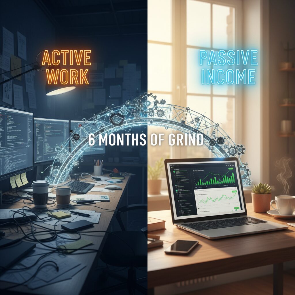 A conceptual split-screen graphic. On the left, a chaotic desk with 'Active Work' label; on the right, a serene laptop showing sales notifications labeled 'Passive Income'. The bridge between them is labeled '6 Months of Grind'.