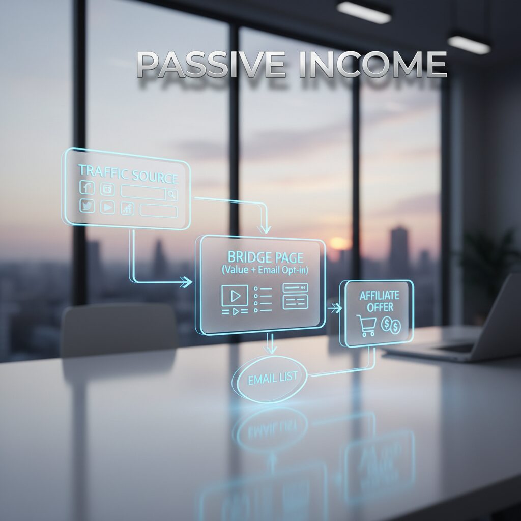 A flowchart diagram showing Traffic Source -> Bridge Page (Value + Email Opt-in) -> Affiliate Offer. The email list loops back to the Bridge Page.