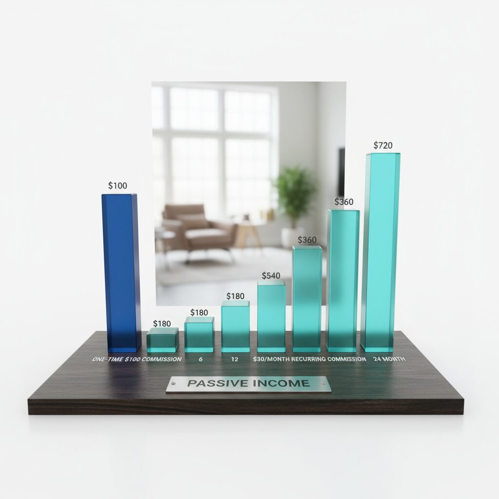 A bar chart comparing the cumulative earnings of a one-time $100 commission vs. a $30/month recurring commission over a 24-month period.