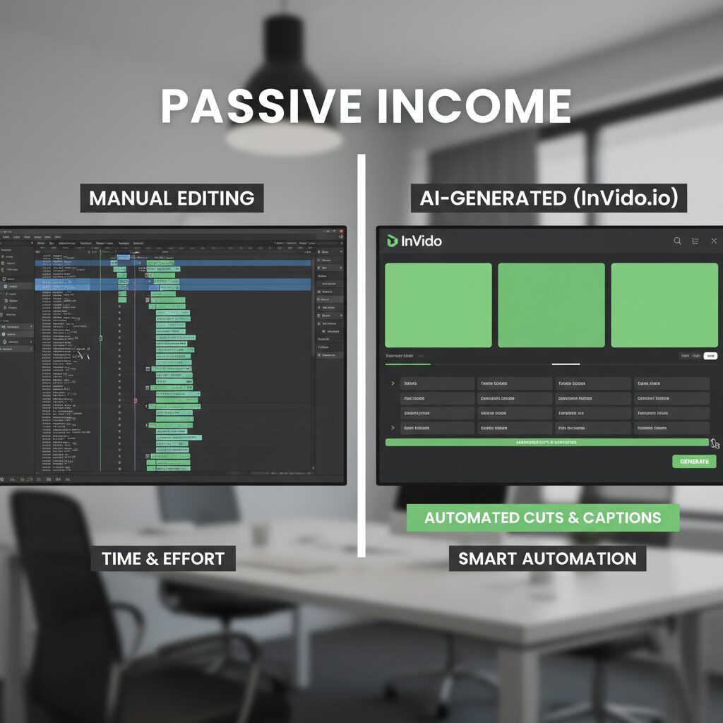 Screenshot comparison of a video editing timeline: Manual editing vs. AI-generated timeline in InVideo showing automated cuts and captions.