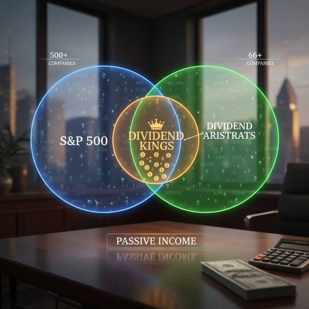 A Venn diagram visualization showing the relationship between the S&P 500, Dividend Aristocrats, and the exclusive Dividend Kings circle.