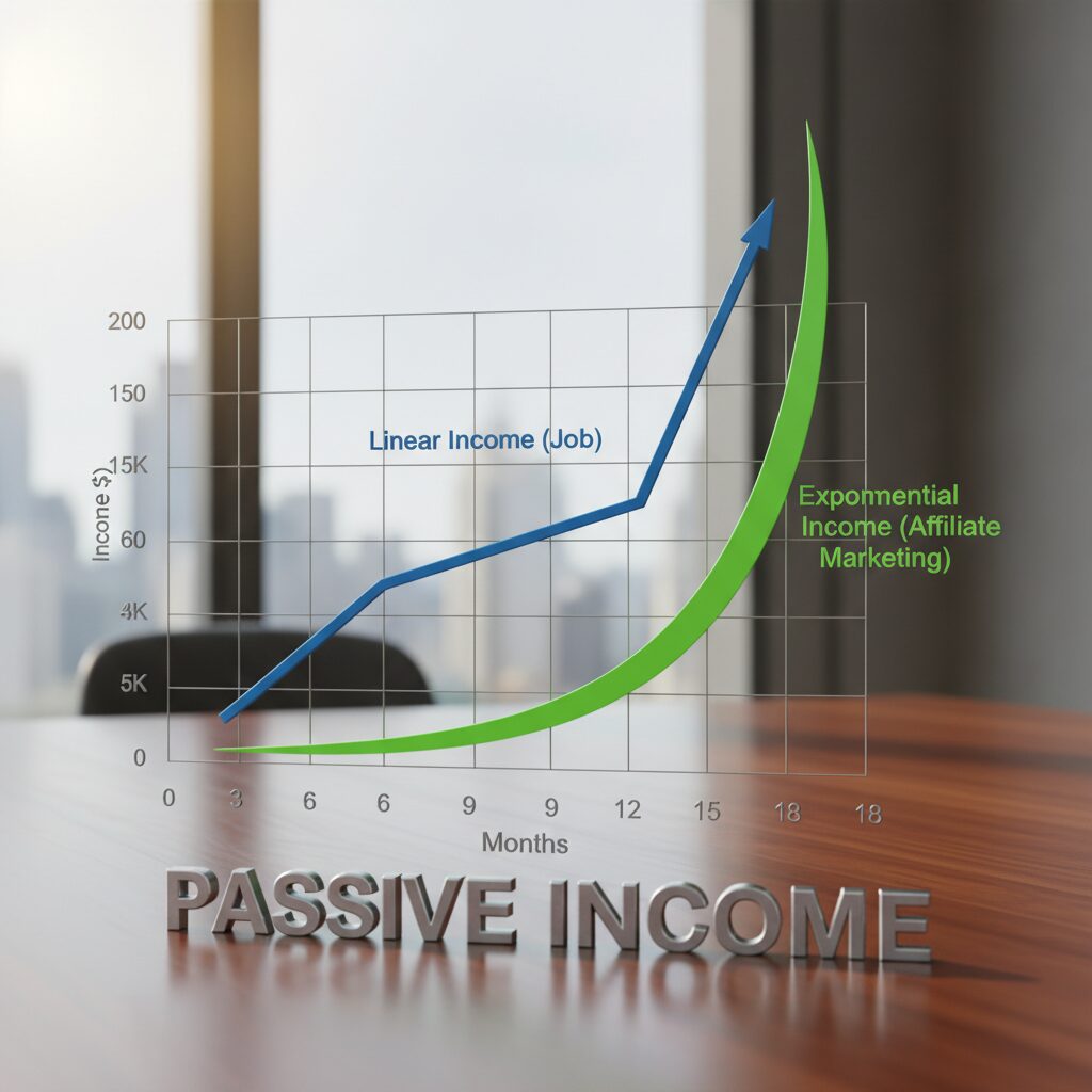 A line graph comparing "Linear Income" (Job) vs "Exponential Income" (Affiliate Marketing). The affiliate line stays flat for 6 months then curves sharply upward, crossing the linear line.