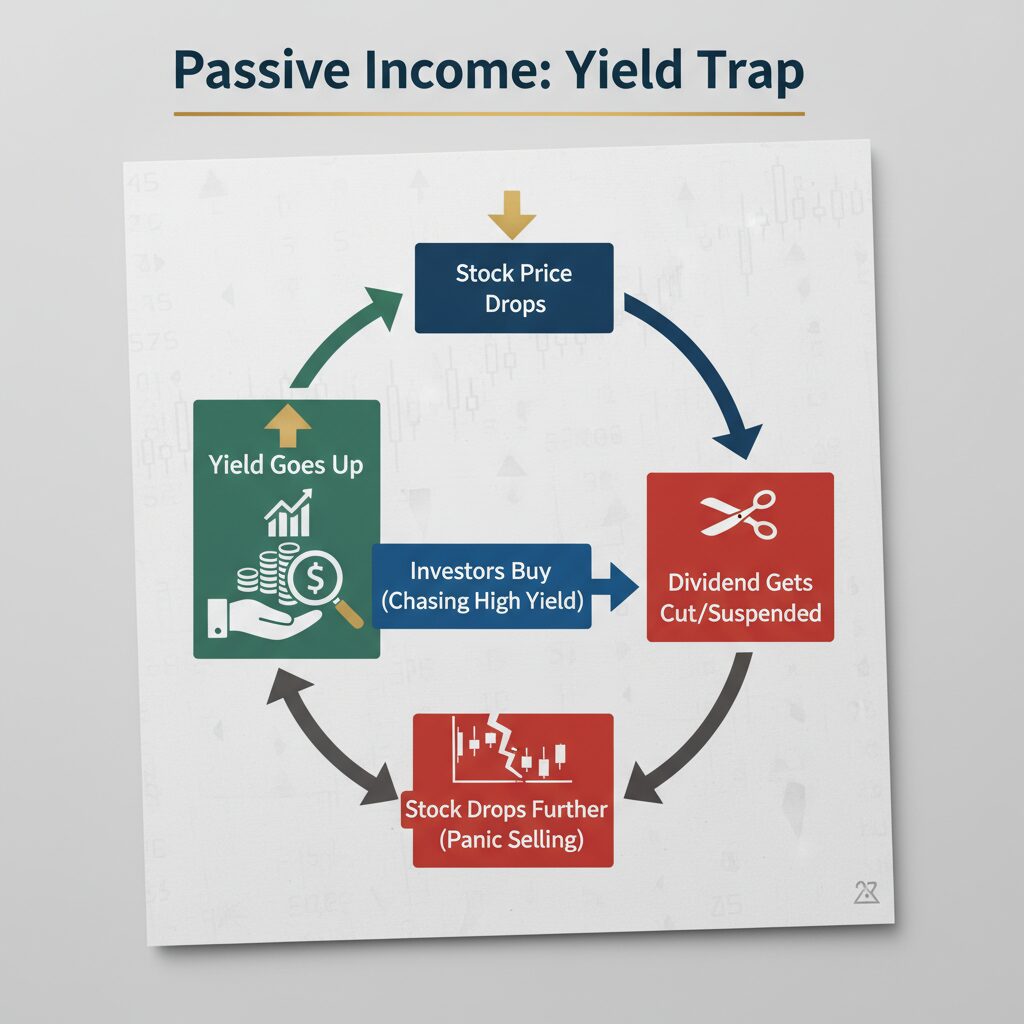 An infographic illustrating the "Yield Trap" cycle: Stock Price Drops -> Yield Goes Up -> Investors Buy -> Dividend gets Cut -> Stock Drops Further.