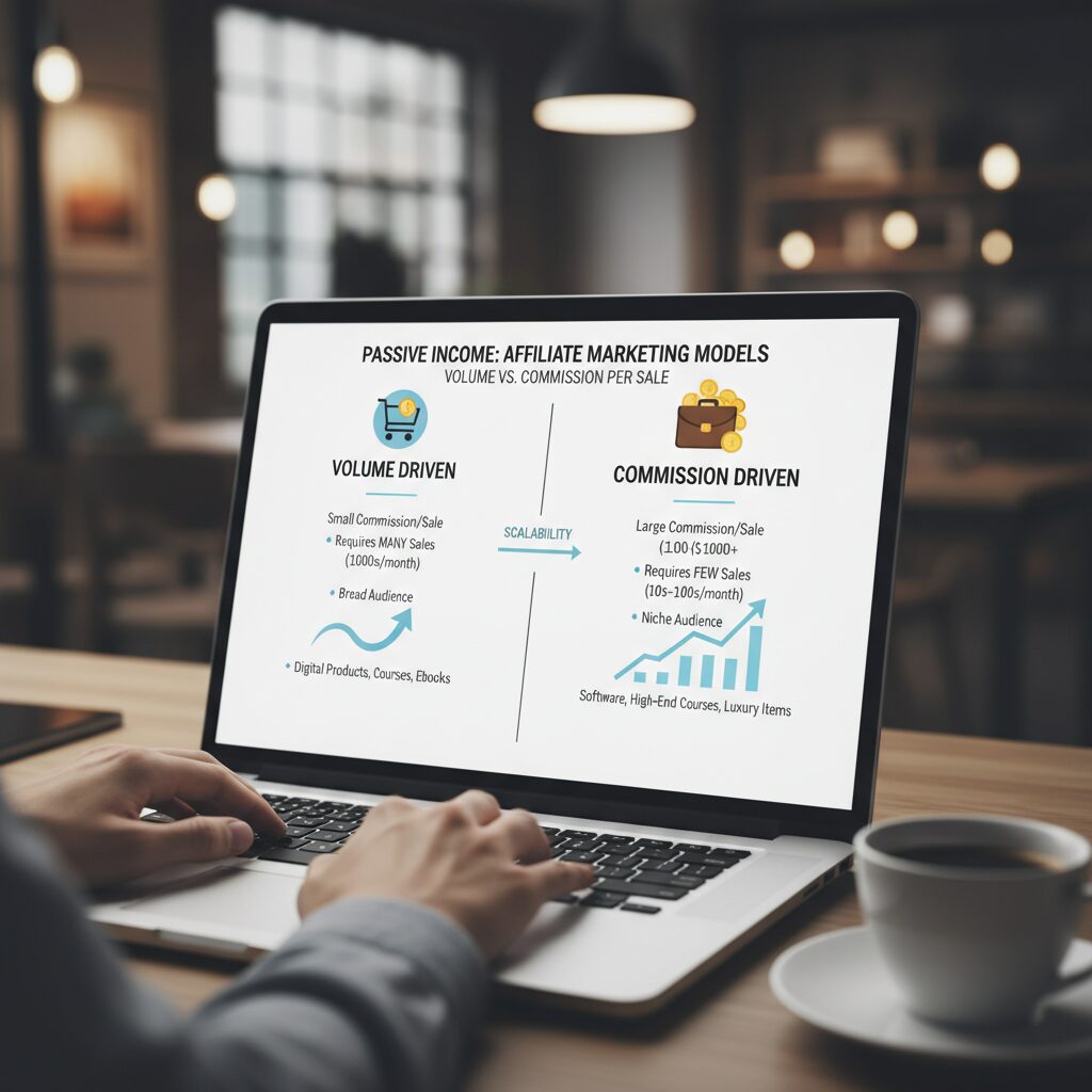 A comparison chart infographic showing "Low Ticket vs High Ticket" affiliate models, highlighting volume vs commission per sale