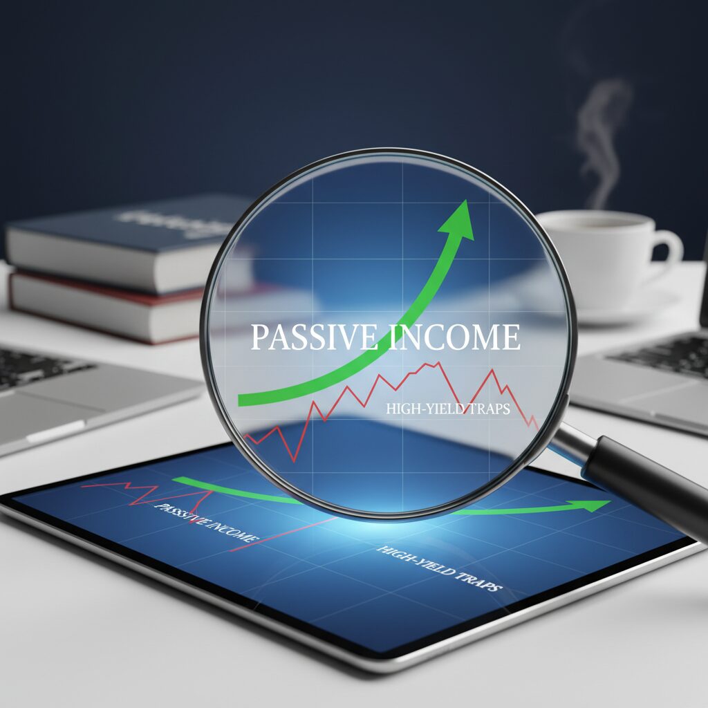 A clean, professional conceptual image showing a magnifying glass over a stock chart, highlighting a steady, upward-trending green line representing reliable income growth versus a jagged, volatile red line representing high-yield traps.
