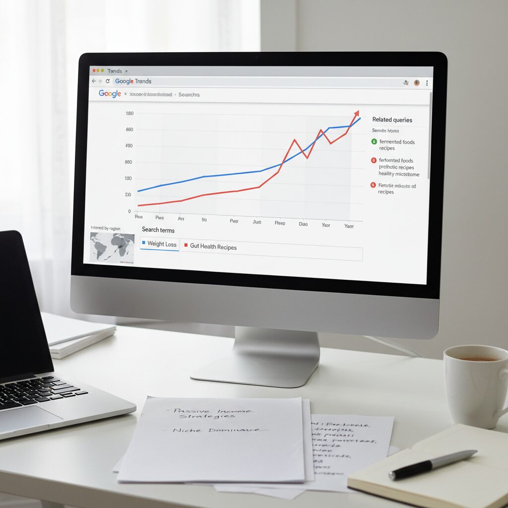 A screenshot of Google Trends comparing generic search terms like "Weight Loss" vs specific terms like "Gut Health Recipes," showing the rising trend of the niche term.