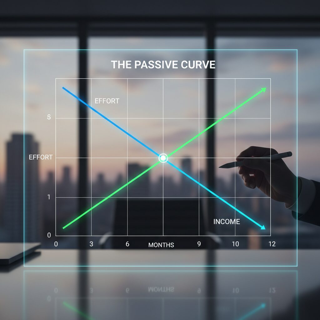 A line graph titled "The Passive Curve" showing 'Effort' starting very high and dropping over 12 months, while 'Income' starts low and crosses the effort line around month 6.