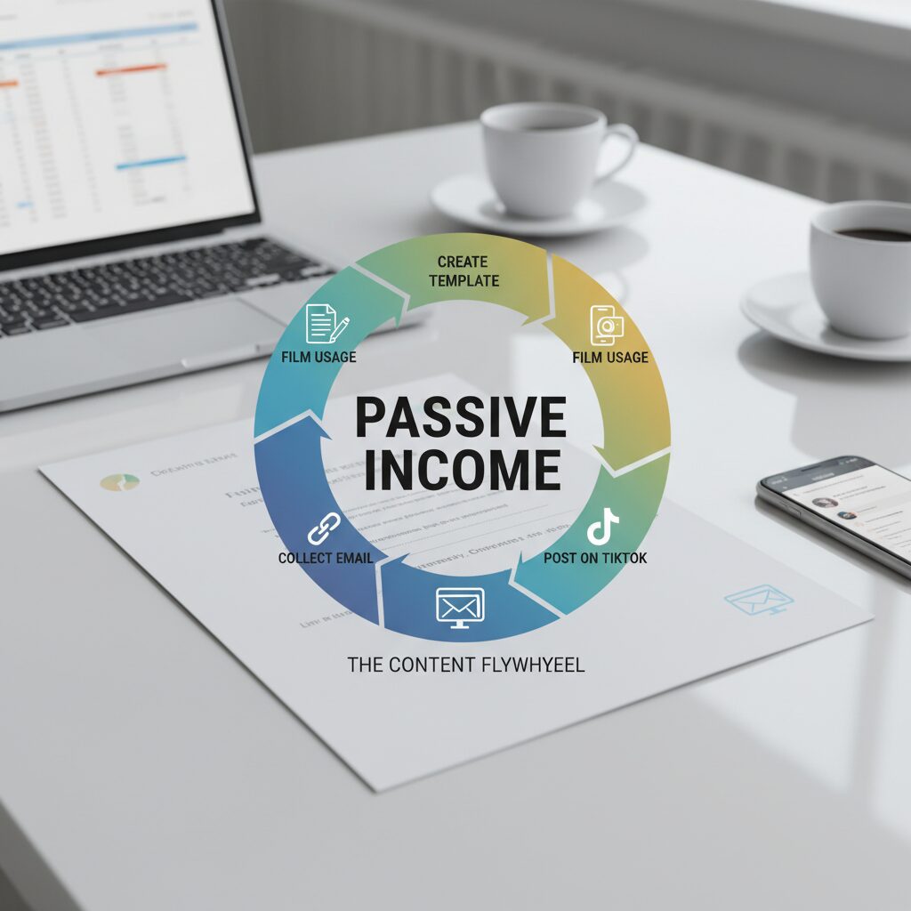 Graphic showing the "Content Flywheel": Create Template -> Film Usage -> Post on TikTok -> Link in Bio -> Collect Email