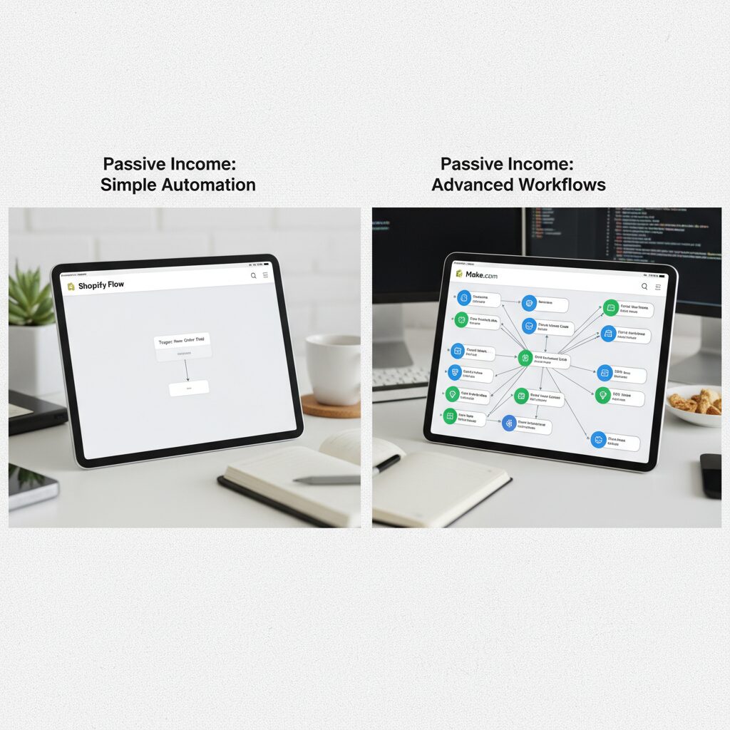 A side-by-side comparison screenshot. Left side shows the Shopify Flow interface with a simple trigger block. Right side shows a complex Make.com scenario with multiple branches.