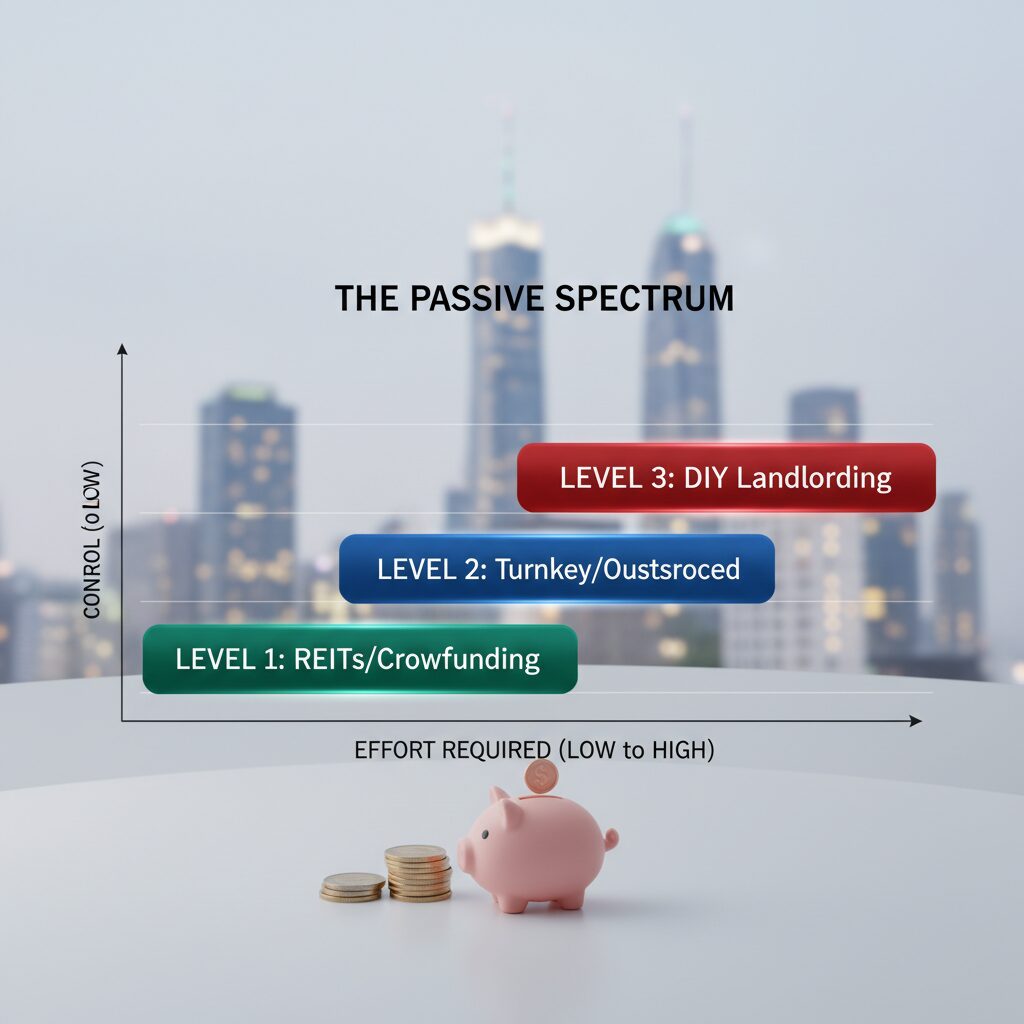 A horizontal bar graph titled 'The Passive Spectrum' showing three distinct levels: Level 1 (REITs/Crowdfunding) on the left in green, Level 2 (Turnkey/Outsourced) in the middle in blue, and Level 3 (DIY Landlording) on the right in red. The axis represents 'Effort Required' vs 'Control'.