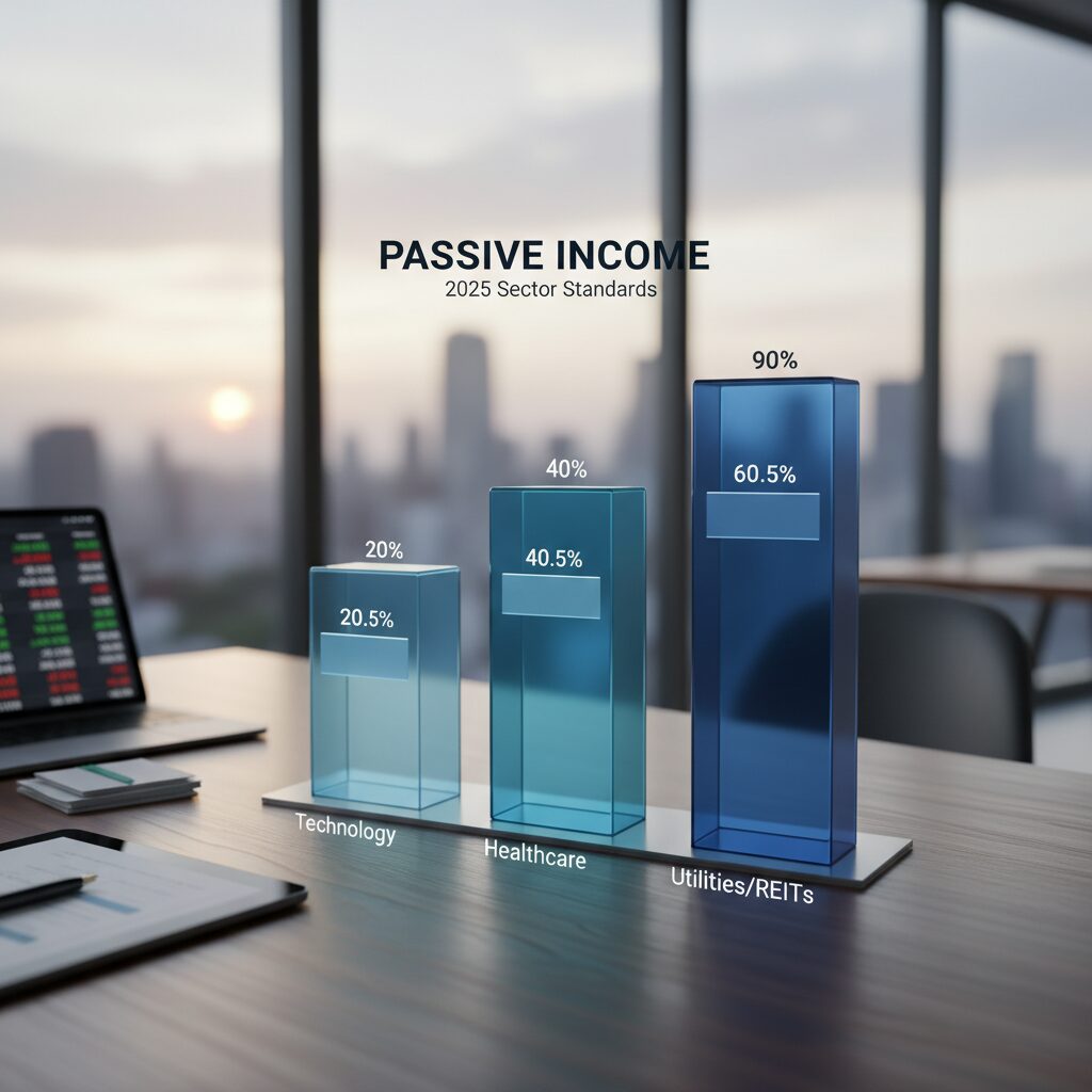 A bar chart comparison showing the safe dividend payout ratio ranges for different sectors: Technology (20-40%), Healthcare (40-60%), and Utilities/REITs (60-90%), labeled '2025 Sector Standards'.