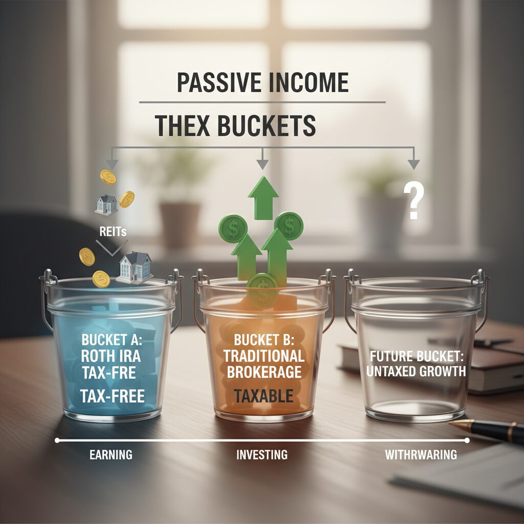 An infographic illustrating "The Tax Buckets." Bucket A: Roth IRA (Tax-Free). Bucket B: Traditional Brokerage (Taxable). Showing REITs going into Bucket A and Growth Stocks going into Bucket B.