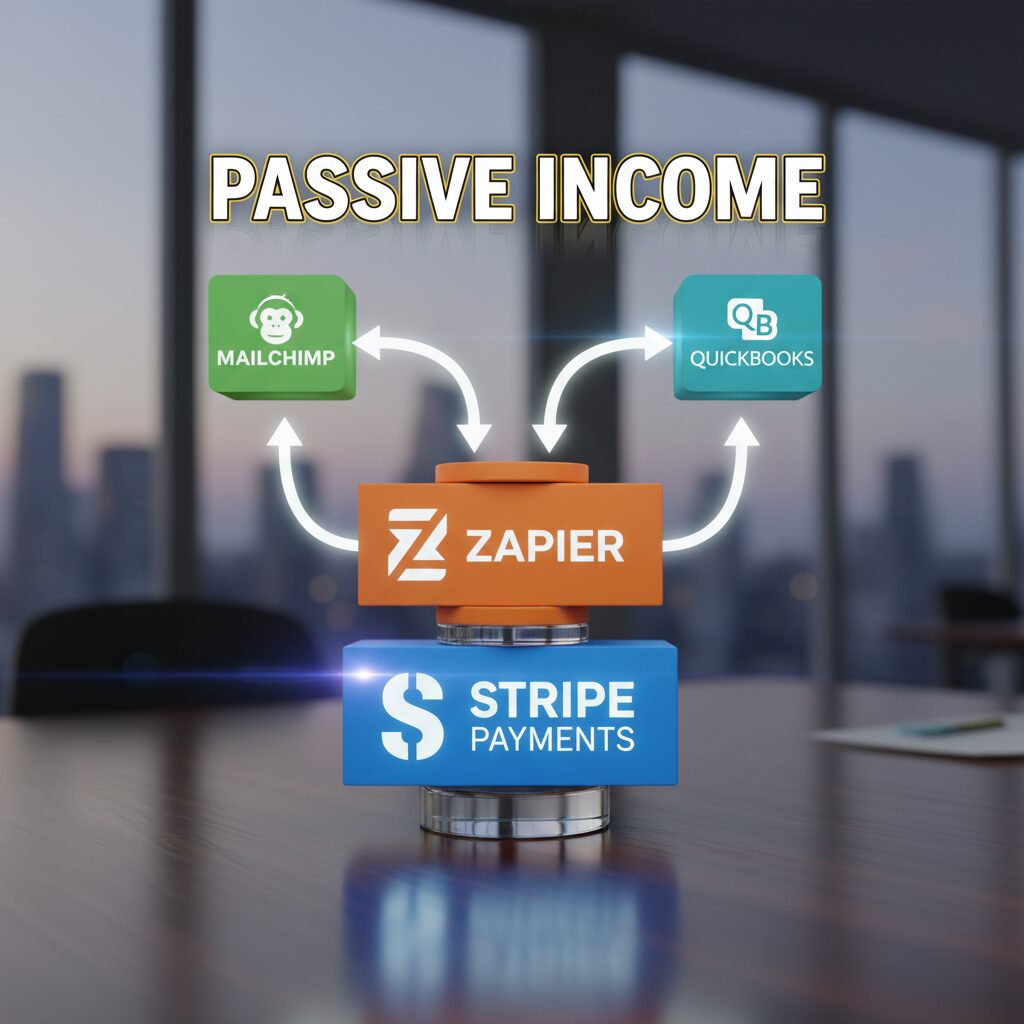 A stack diagram showing Zapier connecting Stripe payments to Mailchimp and Quickbooks