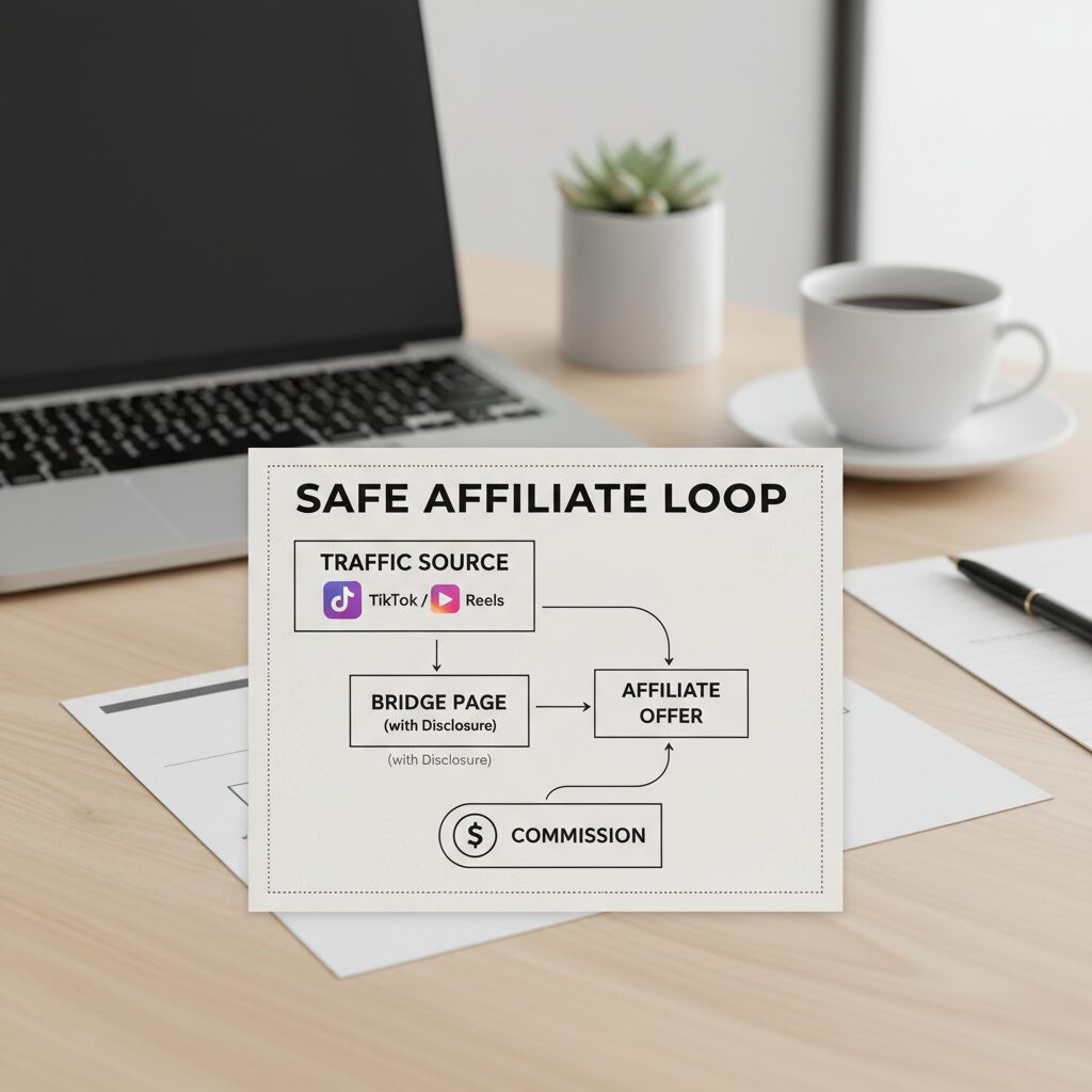 A flowchart diagram illustrating the "Safe Affiliate Loop": Traffic Source (TikTok/Reels) -> Bridge Page (with Disclosure) -> Affiliate Offer -> Commission