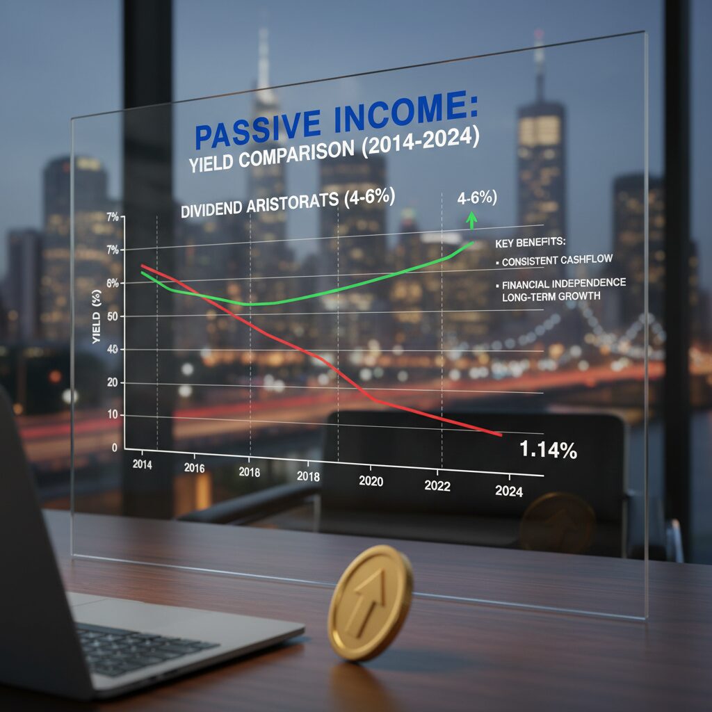 A comparative line graph showing the S&P 500 average yield declining to 1.14% versus the steady 4-6% yield of selected dividend aristocrats over the last decade.