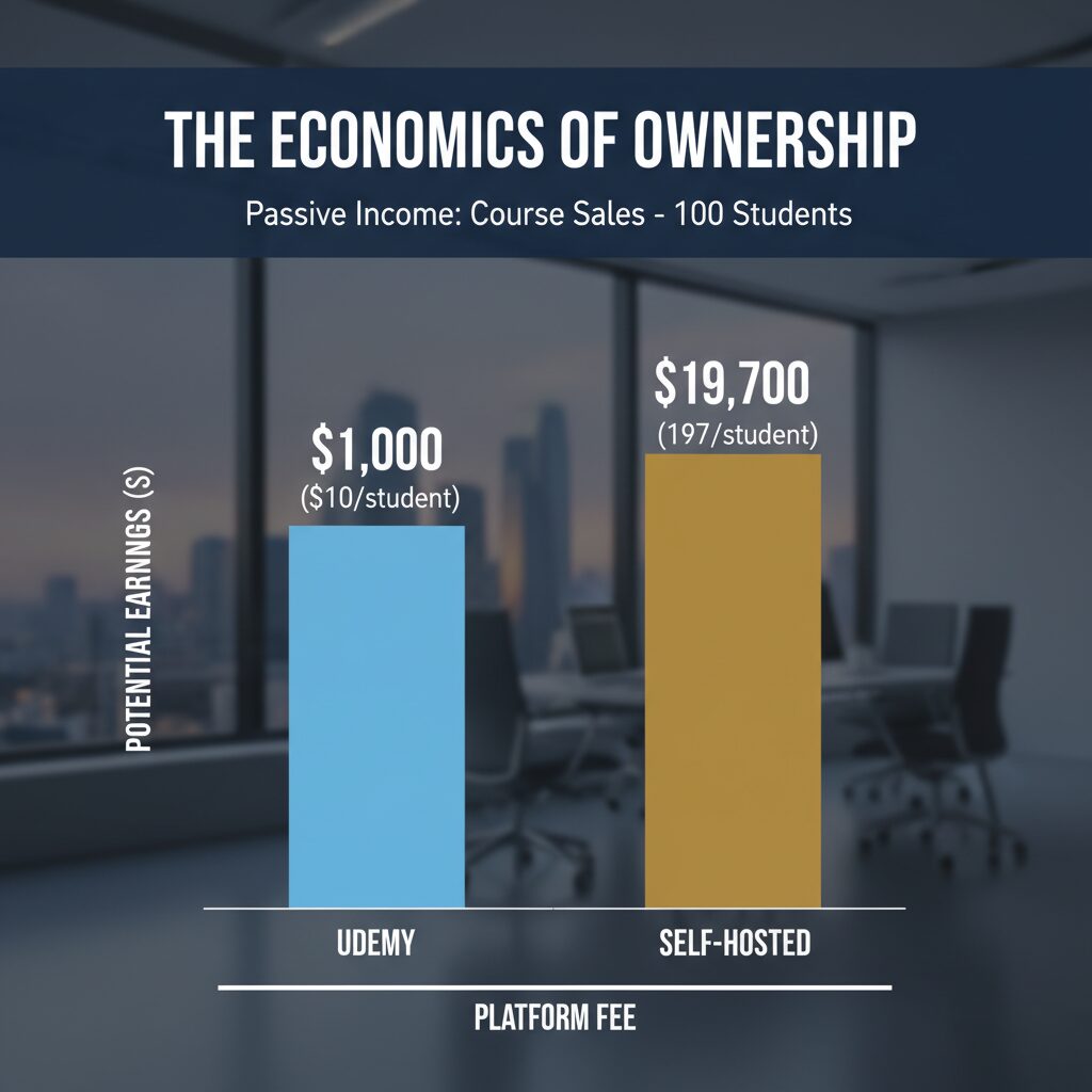 Bar graph comparing potential earnings of 100 students on Udemy ($10/student = $1,000) vs. Self-Hosted ($197/student = $19,700). Title: "The Economics of Ownership"