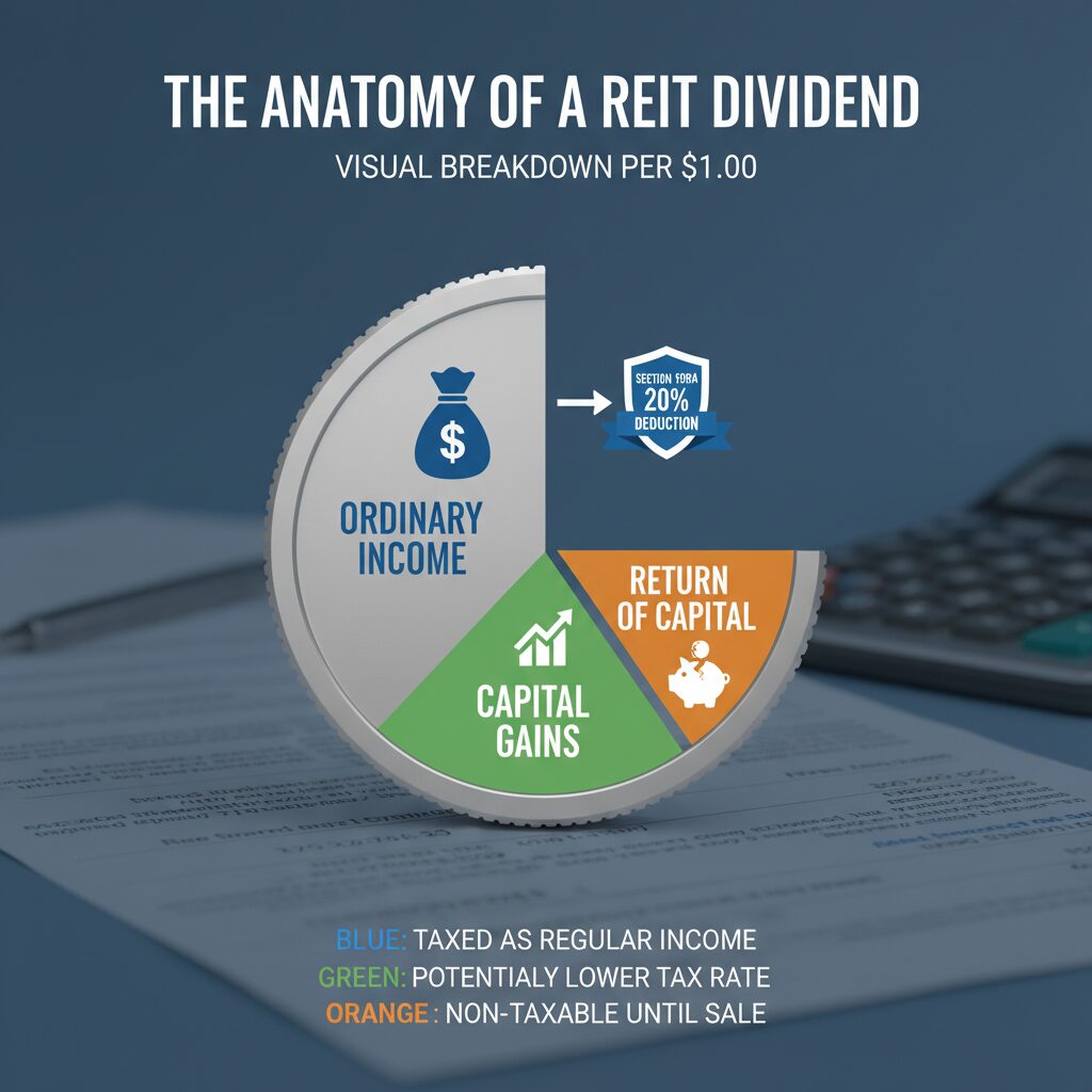 An infographic titled 'The Anatomy of a REIT Dividend'. It visually breaks down a dollar of REIT income, showing the portion that is ordinary income, capital gains, and return of capital, alongside the Section 199A 20% deduction shield.