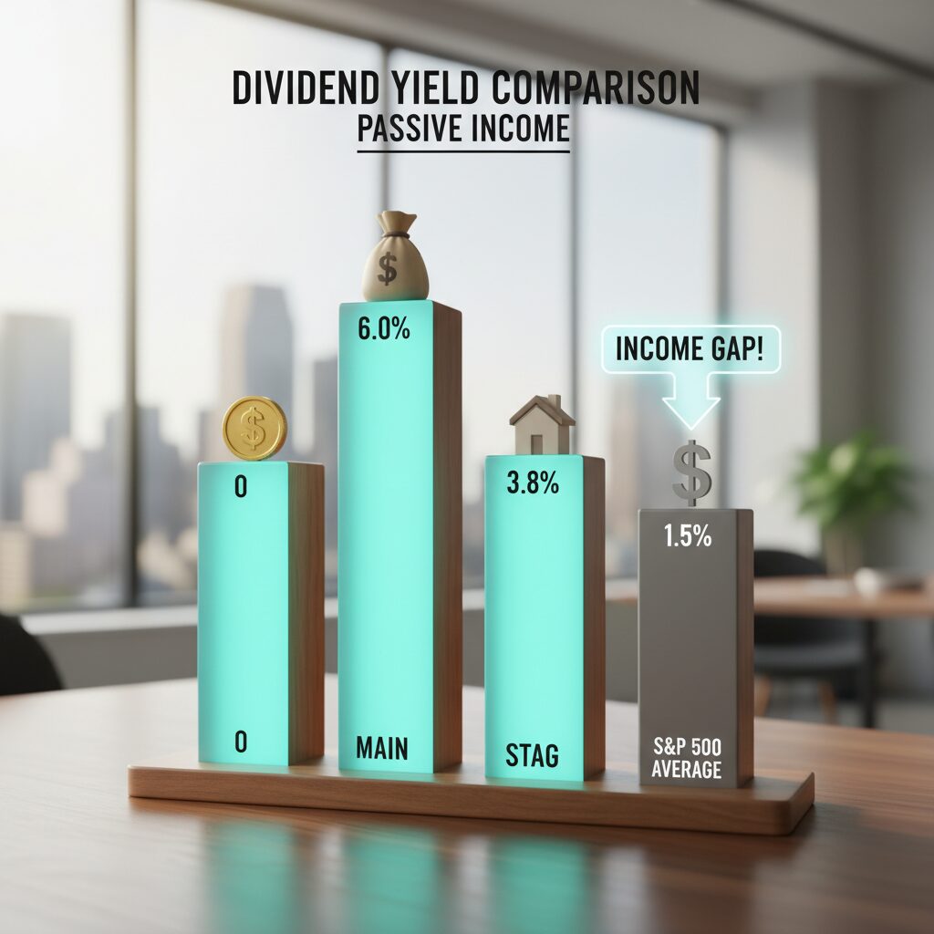 A comparative bar chart showing the dividend yield of O, MAIN, and STAG versus the S&P 500 average yield of 1.5%. Highlight the income gap.