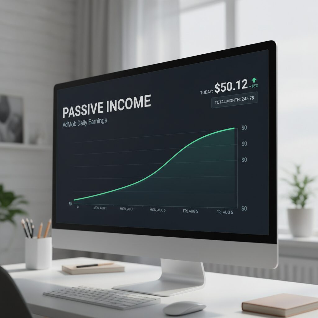 Screenshot of a dashboard showing AdMob daily earnings, depicting a graph rising from $0 to $50/day.