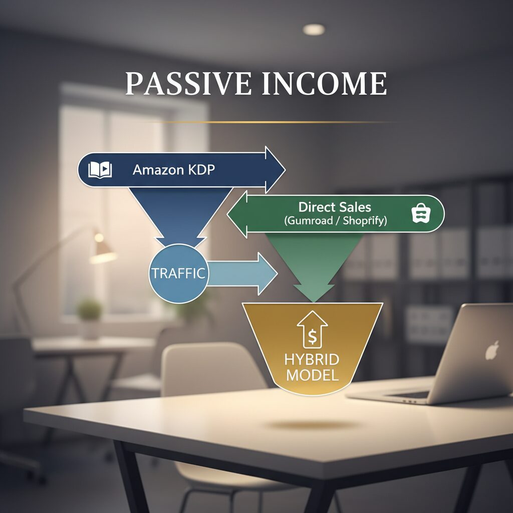 A sleek infographic illustrating the "Hybrid Model" funnel: Amazon KDP flowing into traffic, and Direct Sales (Gumroad/Shopify) flowing into high-margin profit.