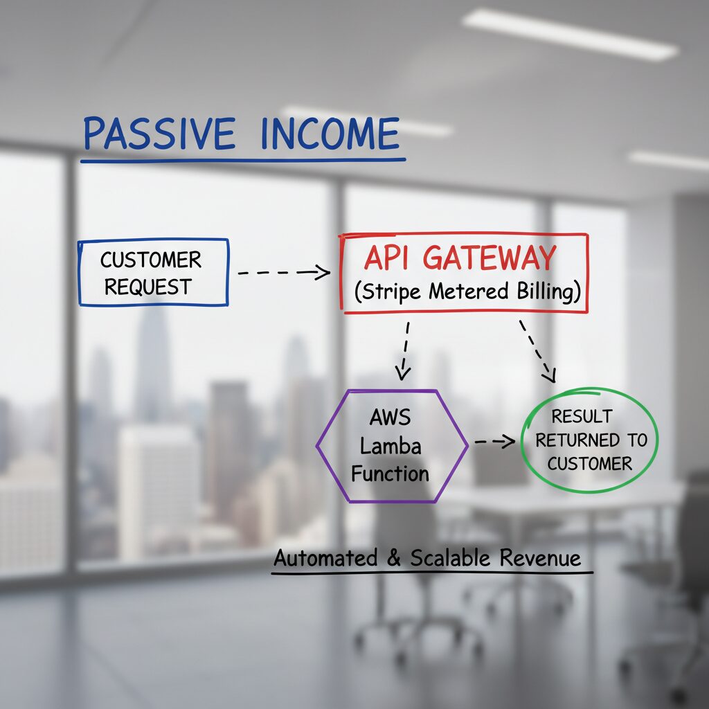 A diagram showing the 'API Business Model': Customer Request -> API Gateway (Stripe Metered Billing) -> Lambda Function -> Result returned to Customer.