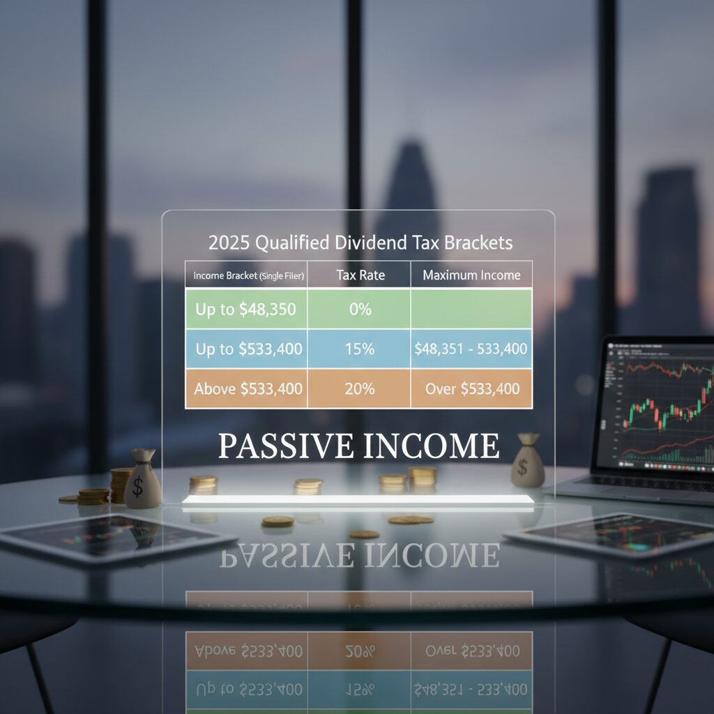 A clean, color-coded table displaying the 2025 Qualified Dividend Tax Brackets: 0% for income up to $48,350 (single), 15% for income up to $533,400, and 20% above that.