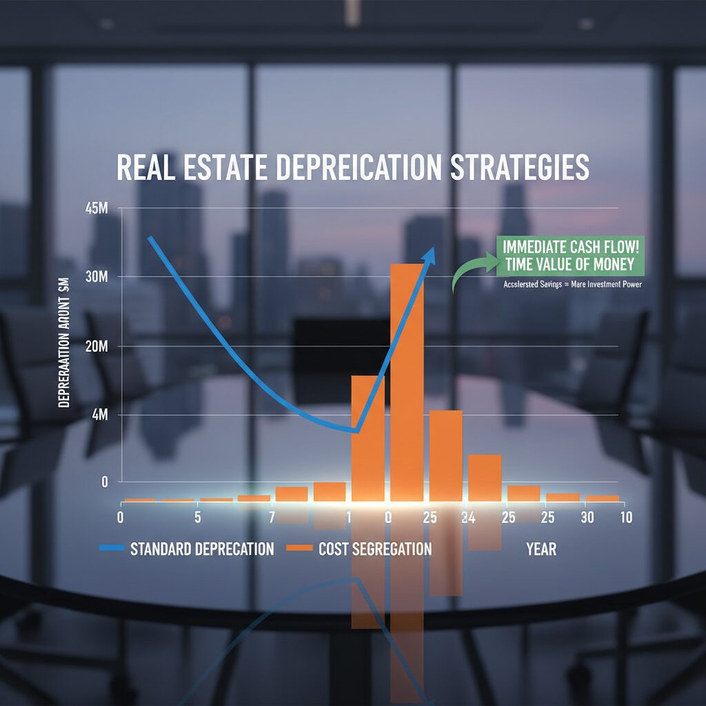 Chart comparing "Standard Depreciation" curve vs "Cost Segregation" spike in Year 1, visually demonstrating the time value of money.
