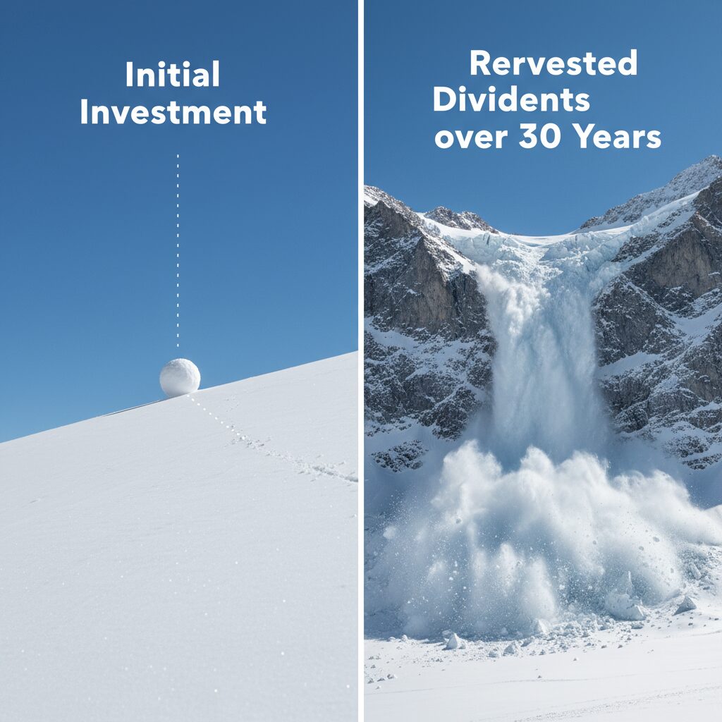 A split-screen graphic. Left side: A small snowball at the top of a hill labeled "Initial Investment." Right side: A massive avalanche at the bottom labeled "Reinvested Dividends over 30 Years."