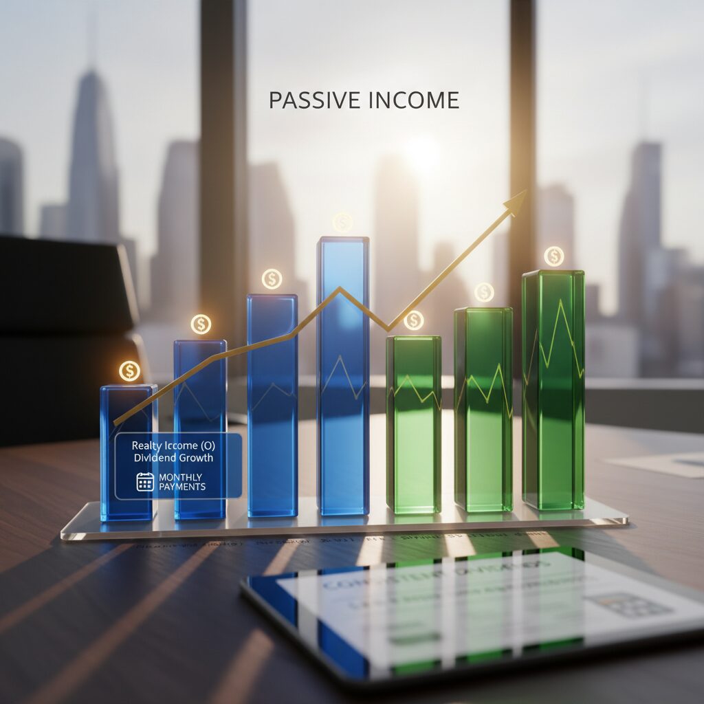 A bar chart visualization showing the dividend growth history of Realty Income (O) compared to the S&P 500 average yield, highlighting the consistency of monthly payments.
