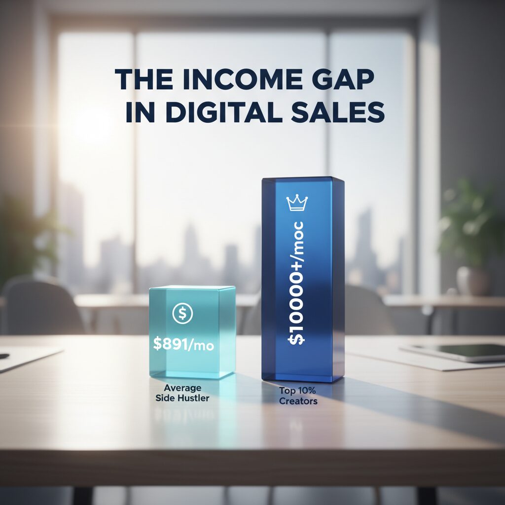 Bar graph comparing income levels. Bar 1: Average Side Hustler ($891/mo). Bar 2: Top 10% Creators ($10,000+/mo). Title: The Income Gap in Digital Sales.